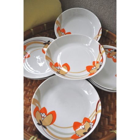 ASSIETTES à SOUPE FLEURS DE LOTUS ORANGES L. LOURIOUX (X6)