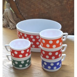 SERVICE SALADIER ET TASSES ARCOPAL POLKA PETITS POIS (X6)