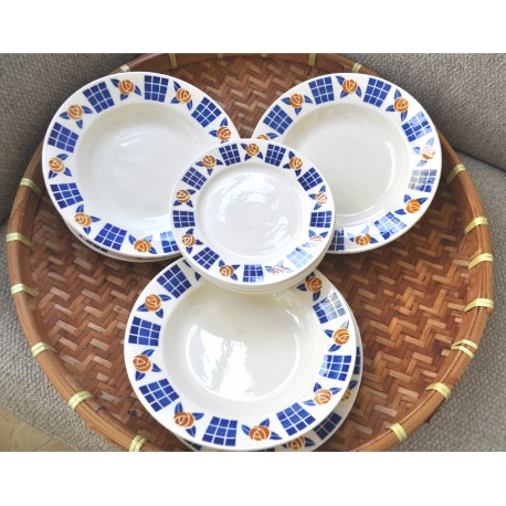 ASSIETTES BADONVILLER "art déco" orange et bleues (X13)