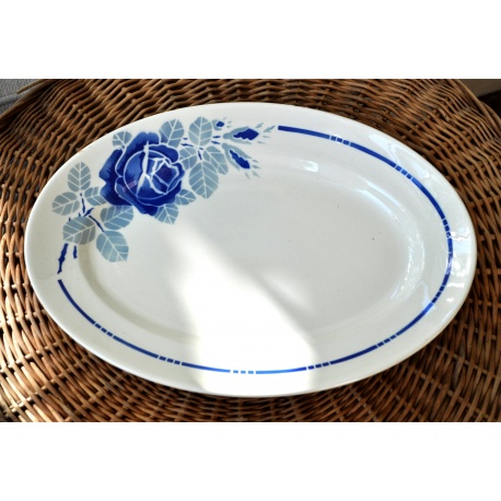 PLAT OVALE FAÏENCE BADONVILLER ROSE BLEUE